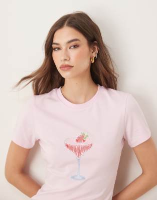 T-shirt court avec broderie cocktail - Rose M