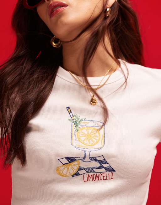ASOS DESIGN - T-shirt court avec motif limoncello brodé - Blanc, 4 de 4