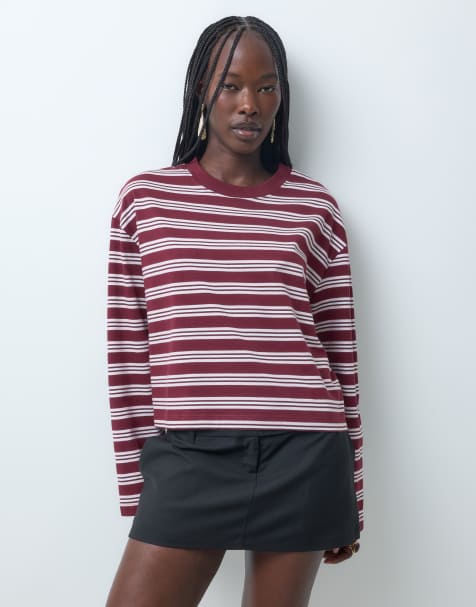 ASOS DESIGN t-shirt court coupe carrée à manches longues à rayures bordeaux et roses - view 1