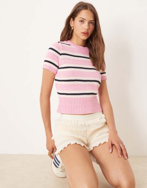 ASOS DESIGN - T-shirt court en maille à rayures - Rose, 3 de 4