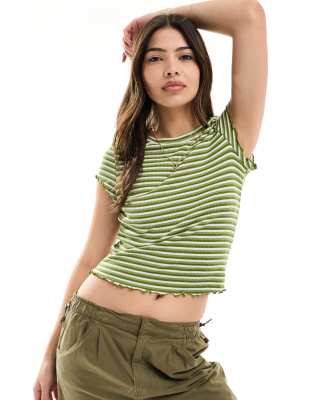 T-shirt court rayé à bords ondulés - Vert ton sur ton S