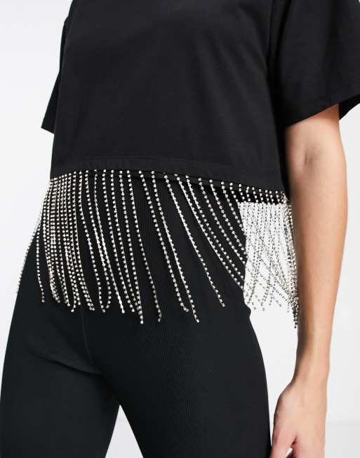 ASOS DESIGN - T-shirt crop top avec ourlet à franges ornées de strass - Noir, 3 de 4