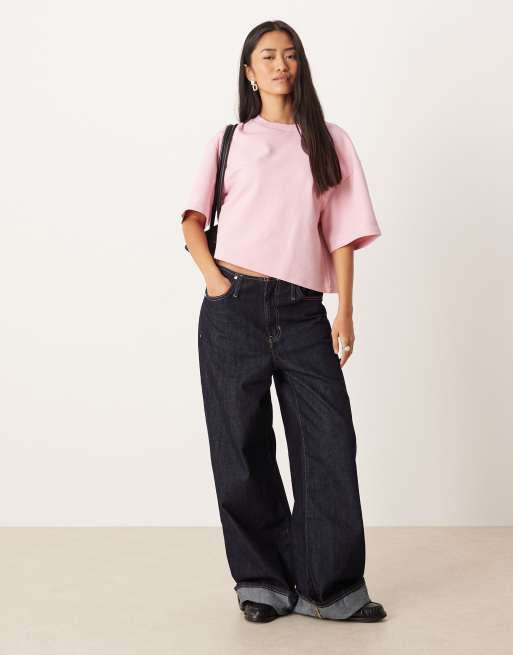 ASOS DESIGN - T-shirt crop top coupe carrée à manches courtes en maille interlock - Rose délavé, 2 de 4