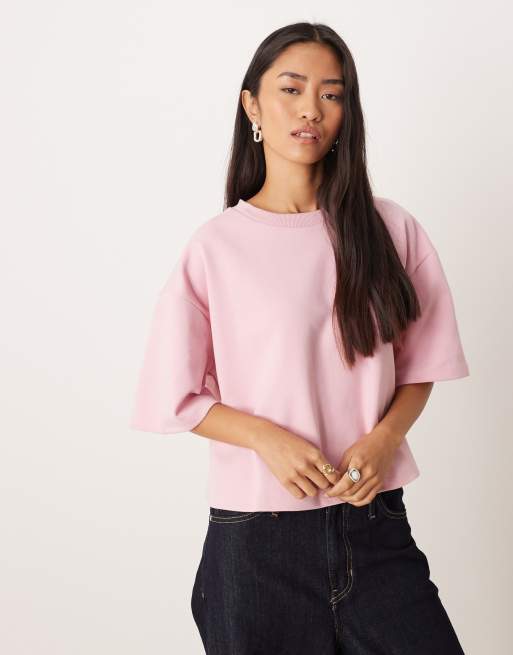 ASOS DESIGN - T-shirt crop top coupe carrée à manches courtes en maille interlock - Rose délavé, 3 de 4