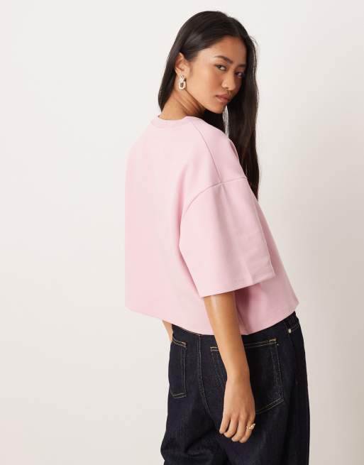 ASOS DESIGN - T-shirt crop top coupe carrée à manches courtes en maille interlock - Rose délavé, 4 de 4