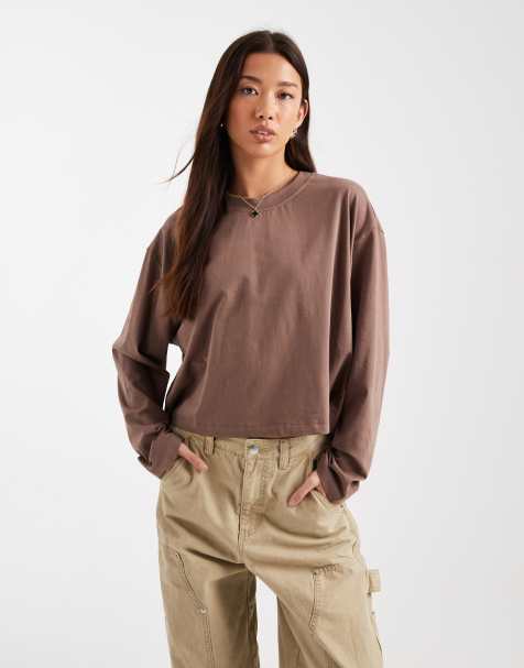 ASOS DESIGN - T-shirt crop top coupe carrée à manches longues - Chocolat - view 1