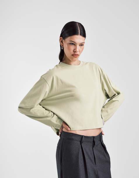 ASOS DESIGN - T-shirt crop top coupe carrée à manches longues - Olive - view 1