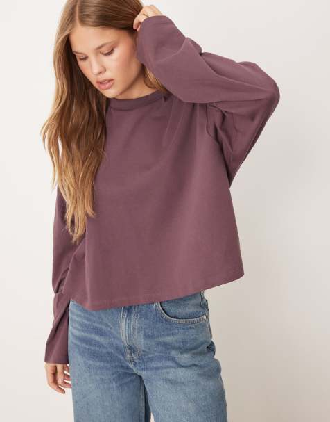 ASOS DESIGN - T-shirt crop top coupe carrée à manches longues - Prune - view 1