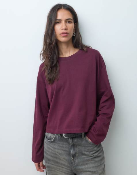 ASOS DESIGN - T-shirt crop top coupe carrée à manches longues - Prune - view 1