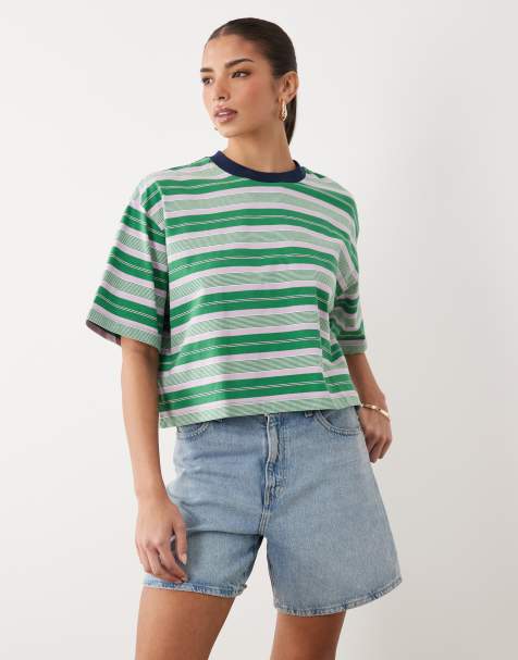 ASOS DESIGN - T-shirt crop top coupe carrée à rayures - Vert - view 1