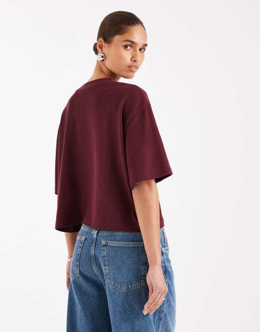 ASOS DESIGN - T-shirt crop top coupe carrée en jersey texturé - Bordeaux, 3 de 4