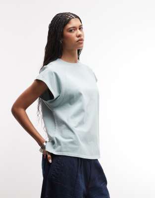 T-shirt crop top épais coupe carrée à manches raglan - Bleu délavé L