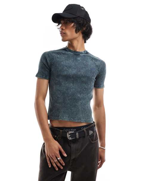 ASOS DESIGN - T-shirt crop top moulant à manches raglan en tissu côtelé délavé - view 1