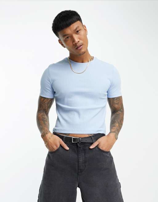 ASOS DESIGN - T-shirt crop top moulant en tissu côtelé - Bleu
