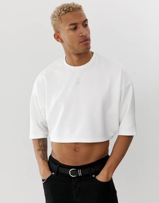 ASOS DESIGN T shirt crop top oversize manches mi longues en n opr ne Blanc