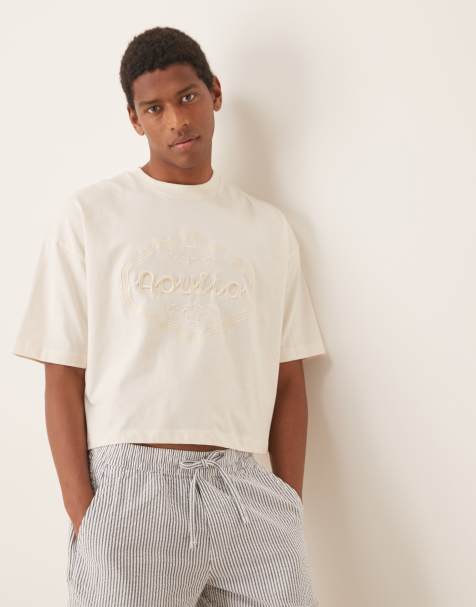 ASOS DESIGN - T-shirt crop top oversize avec broderie ton sur ton ajourée - Crème - view 1