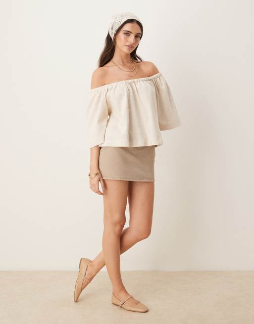 ASOS DESIGN - T-shirt crop top rayé à manches courtes et épaules dénudées - Neutre, 3 de 4