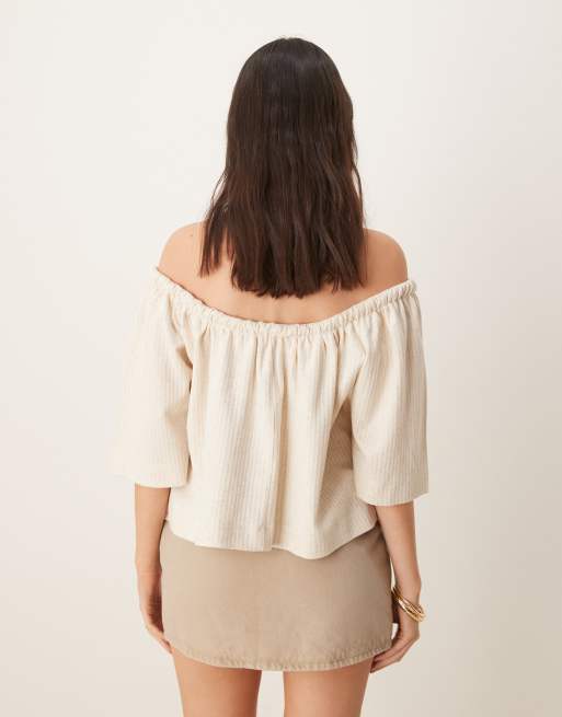 ASOS DESIGN - T-shirt crop top rayé à manches courtes et épaules dénudées - Neutre, 4 de 4
