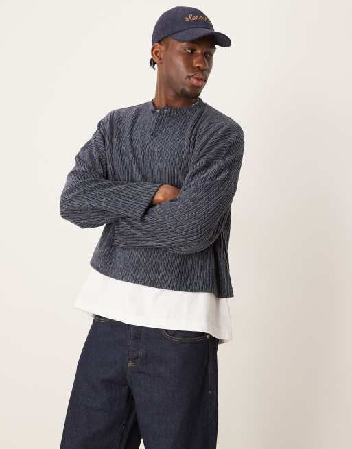 ASOS DESIGN - T-shirt crop top ultra oversize en tissu côtelé avec manches longues et col boutonné - Gris chiné