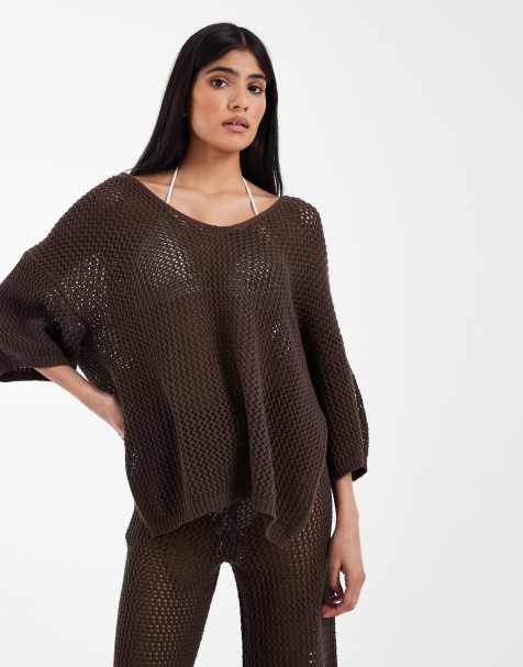 ASOS DESIGN - T-shirt da mare in maglia color cioccolato con cappuccio in coordinato - view 1