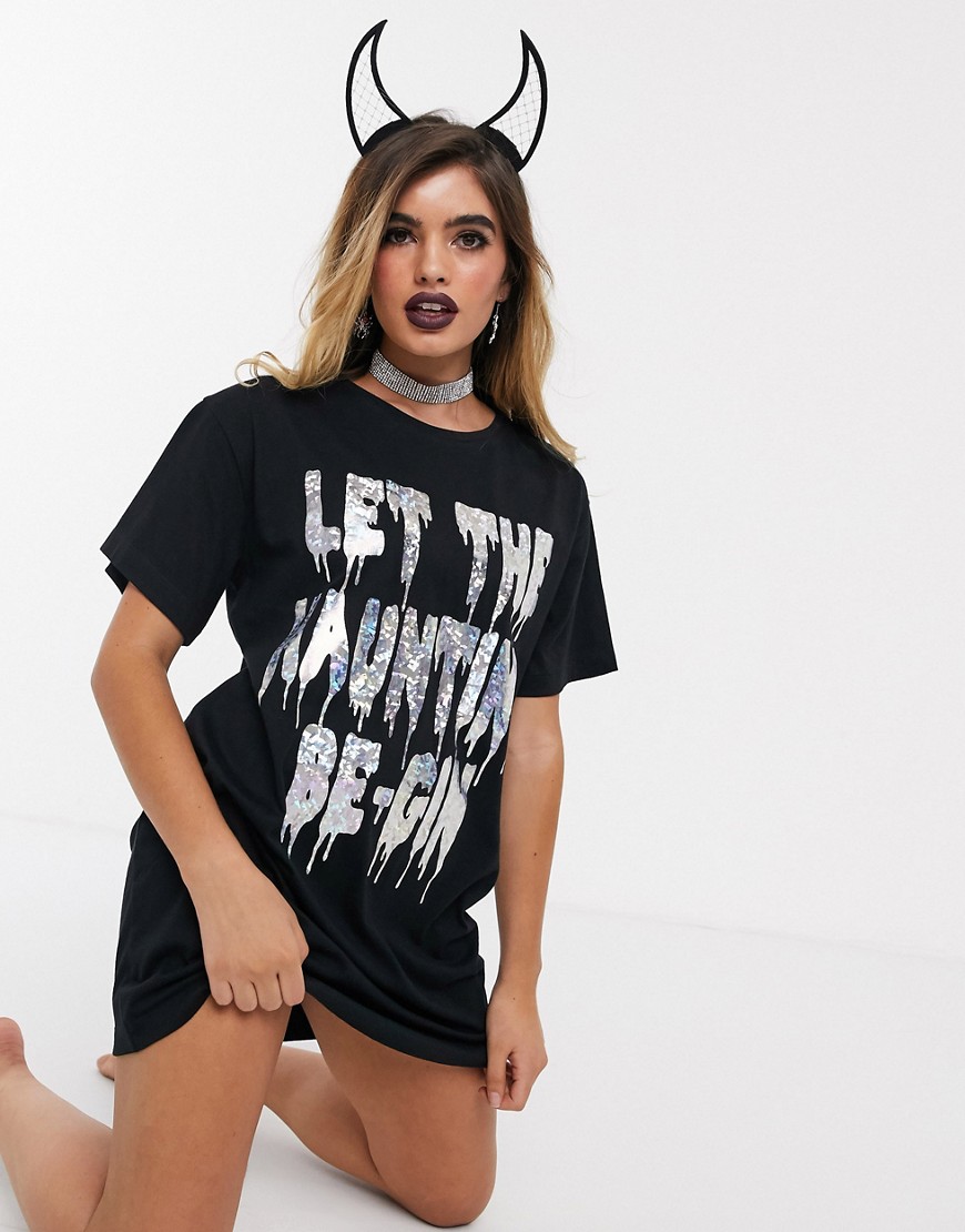 ASOS DESIGN - T-shirt da notte con scritta let the haunting be-gin per Halloween-Nero