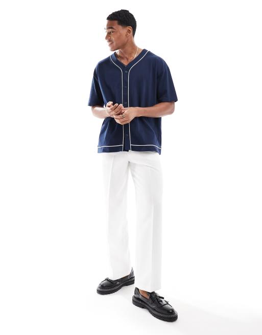 ASOS DESIGN - T-shirt de baseball oversize à boutons et liseré contrastant - Bleu marine , 2 de 4