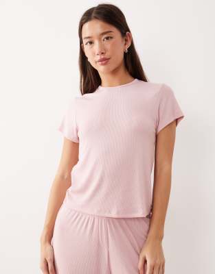 ASOS DESIGN - T-shirt de pyjama côtelé doux à assortir - Rose clair-Rouge