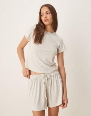 T-shirt de pyjama côtelé oversize à assortir fendu sur le côté - Beige-Neutre M