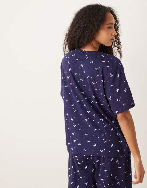 ASOS DESIGN - T-shirt de pyjama oversize en coton à imprimé nœuds à assortir - Bleu marine, 3 de 4