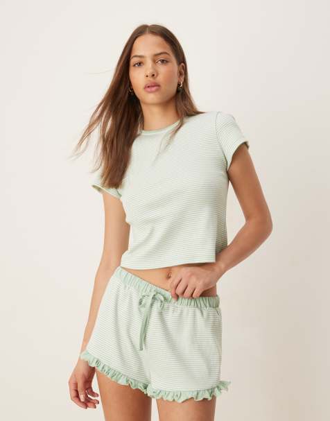 ASOS DESIGN - T-shirt de pyjama rayé à assortir - Vert sauge - view 1