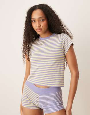 T-shirt de pyjama rayé effet rétréci à assortir - Violet et jaune-Multicolore 36
