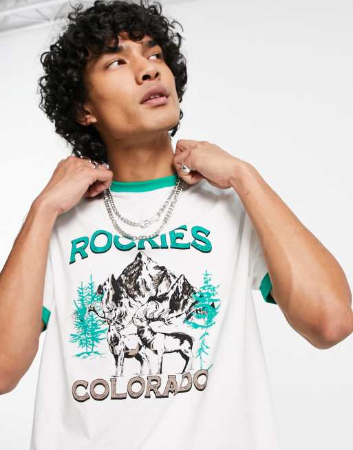 ASOS DESIGN - T-shirt décontracté à bords contrastants et imprimé nature - Blanc cassé et vert