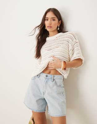 T-shirt décontracté à manches courtes avec coutures effet maille au crochet - Crème-Blanc S