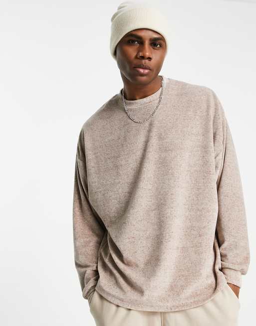 ASOS DESIGN - T-shirt décontracté à manches longues en velours - Beige chiné
