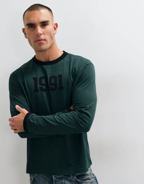 ASOS DESIGN - T-shirt décontracté à manches longues et bords contrastants avec chiffre imprimé - Vert - view 1