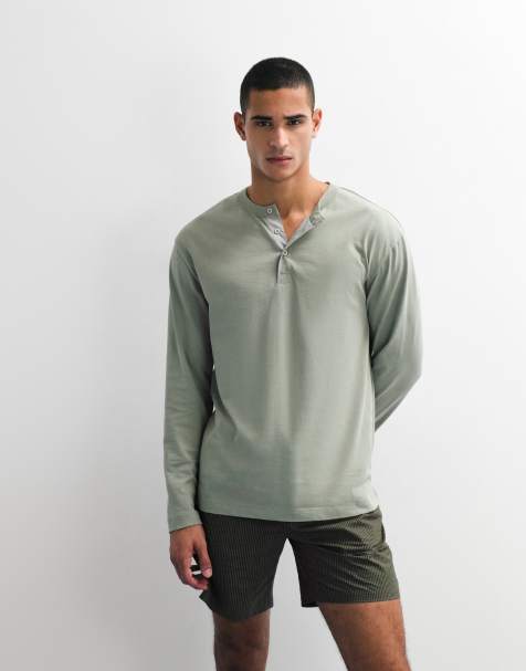 ASOS DESIGN - T-shirt décontracté à manches longues et col tunisien - Vert délavé - view 1