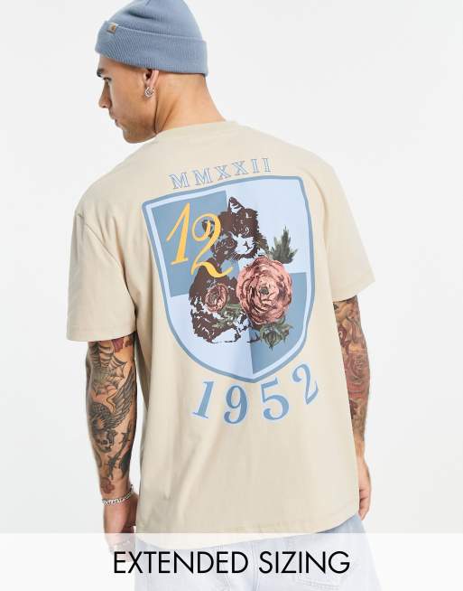 ASOS DESIGN - T-shirt décontracté avec écusson et rose imprimés au dos - Beige