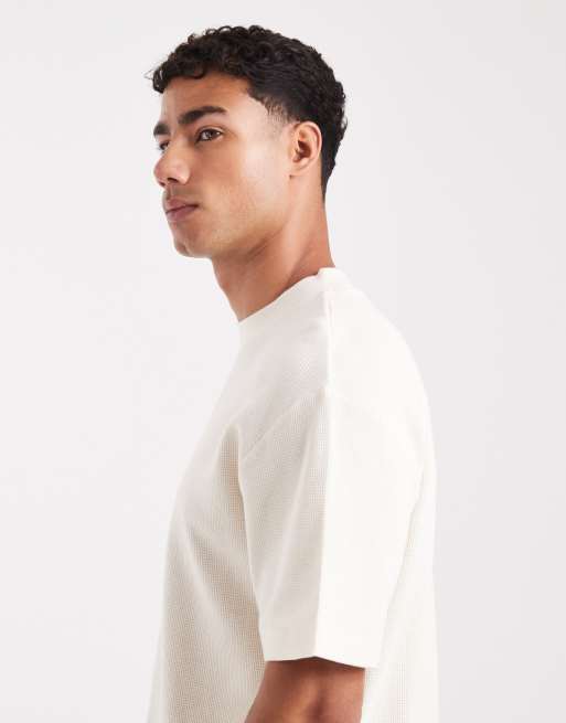 ASOS DESIGN - T-shirt décontracté basique en tissu gaufré à col montant - Crème , 4 de 5