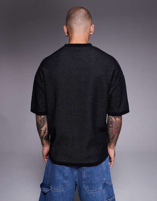 ASOS DESIGN - T-shirt décontracté coupe carrée en maille Airtex avec imprimé 90 - Noir, 3 de 5