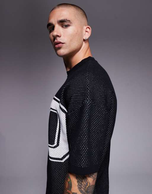 ASOS DESIGN - T-shirt décontracté coupe carrée en maille Airtex avec imprimé 90 - Noir, 4 de 5