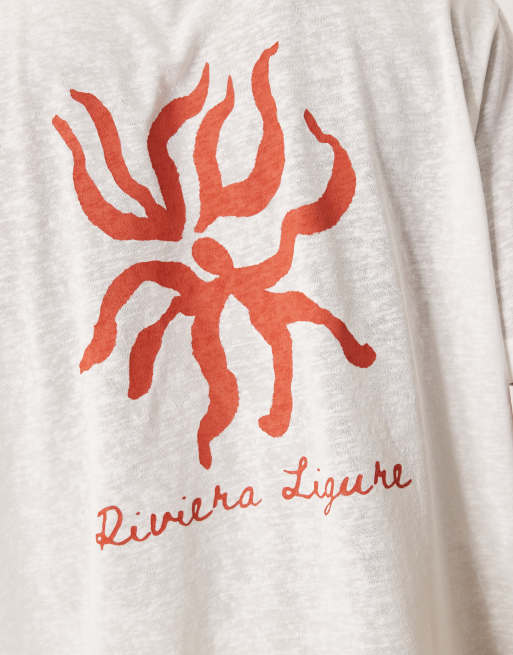 ASOS DESIGN - T-shirt décontracté en aspect lin avec imprimé Riviera - Blanc cassé, 3 de 4