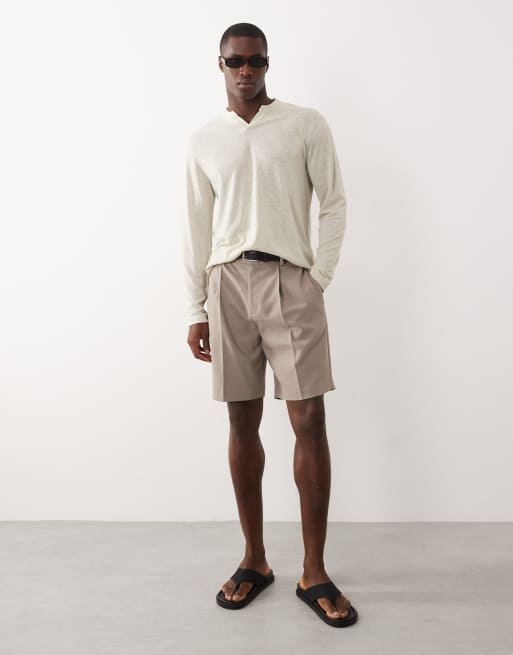 ASOS DESIGN - T-shirt décontracté en aspect lin avec manches longues et encolure crantée - Beige, 2 de 5