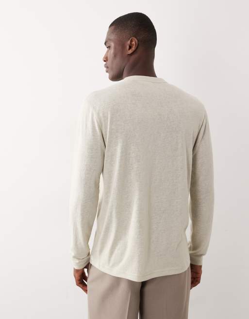 ASOS DESIGN - T-shirt décontracté en aspect lin avec manches longues et encolure crantée - Beige, 5 de 5