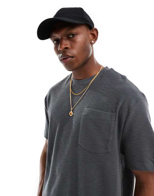 ASOS DESIGN - T-shirt décontracté en aspect lin avec poche - Anthracite 