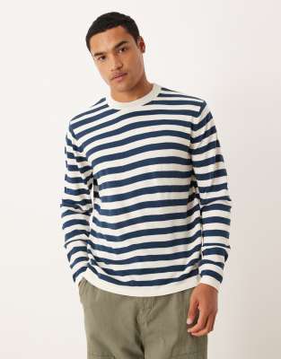 ASOS DESIGN - T-shirt décontracté en maille rayée à col ras de cou et manches longues - Bleu marine et blanc-Multicolore