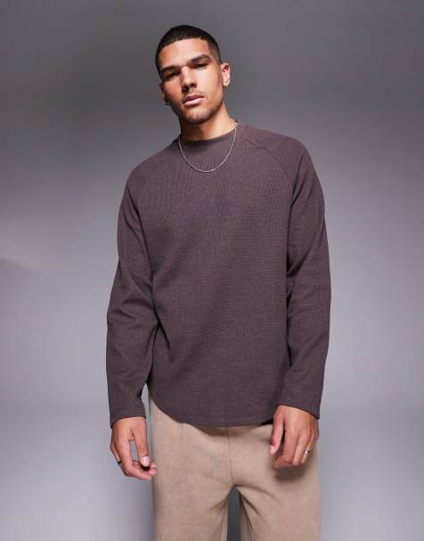 ASOS DESIGN - T-shirt décontracté en tissu gaufré à manches longues raglan - Marron - view 1