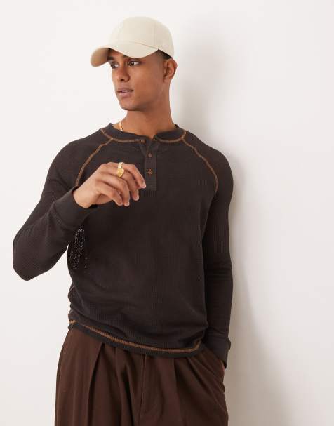 ASOS DESIGN - T-shirt décontracté en tulle à manches longues et col boutonné - Marron - view 1