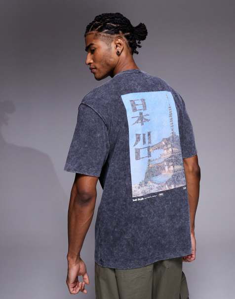 ASOS DESIGN - T-shirt décontracté épais à imprimé paysage - Noir délavé - view 1