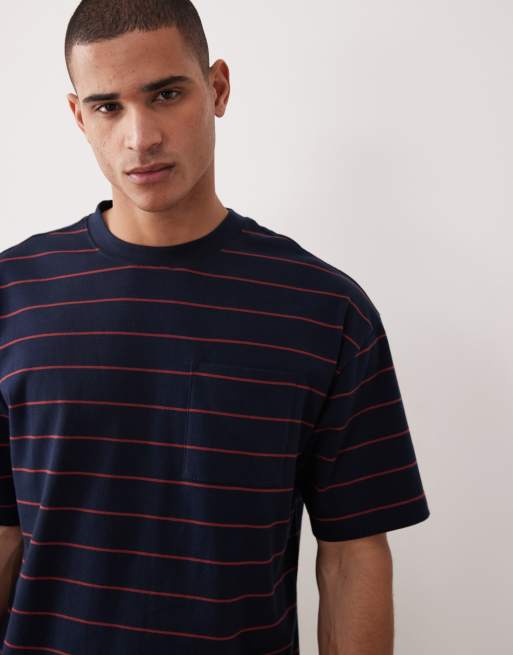 ASOS DESIGN - T-shirt décontracté épais à rayures avec poche poitrine - Bleu marine et bordeaux, 5 de 5