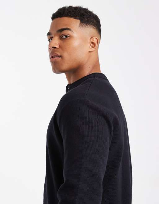 ASOS DESIGN - T-shirt décontracté gaufré à manches longues et col boutonné - Noir , 4 de 5